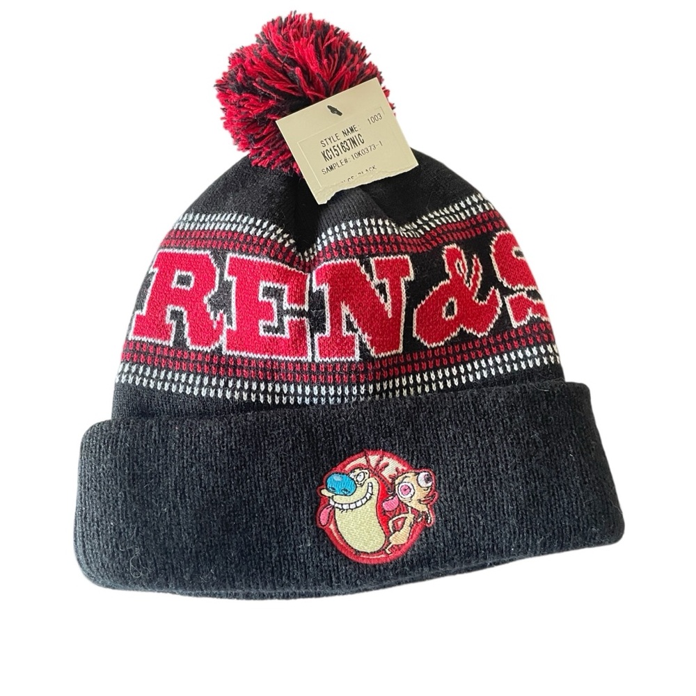 NWT Black/Red Ren & Stimpy Knit Pom-Pom Vintage Retro Nickelodeon Beanie Hat